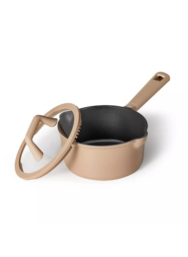 Carote 1.9 Litre Nonstick Saucepan with Pour Spout & Strainer Lid, PFAS & PFOA Free Healthy Cooking, Titanium-Reinforced with Heat-Resistant Handle, All-Stovetop Compatible, Dishwasher Safe (Taupe) - Image 1